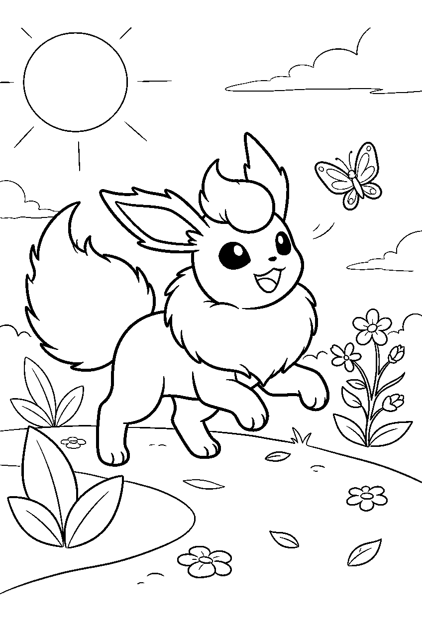 cute flareon in a sunny garden chasing a butterfly line art