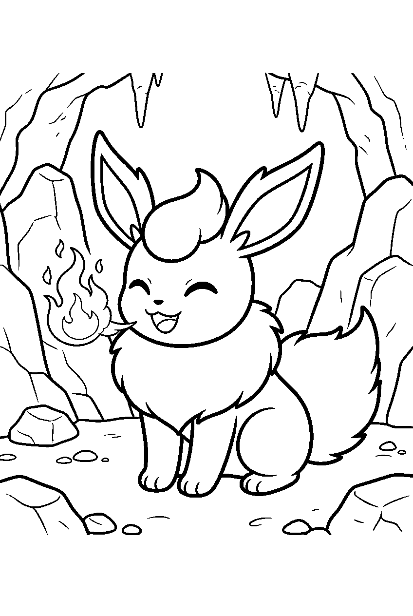 cute flareon in a volcanic cave breathing a small flame line art