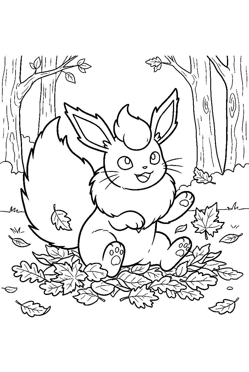 cute flareon in an autumn forest playing in fallen leaves line art