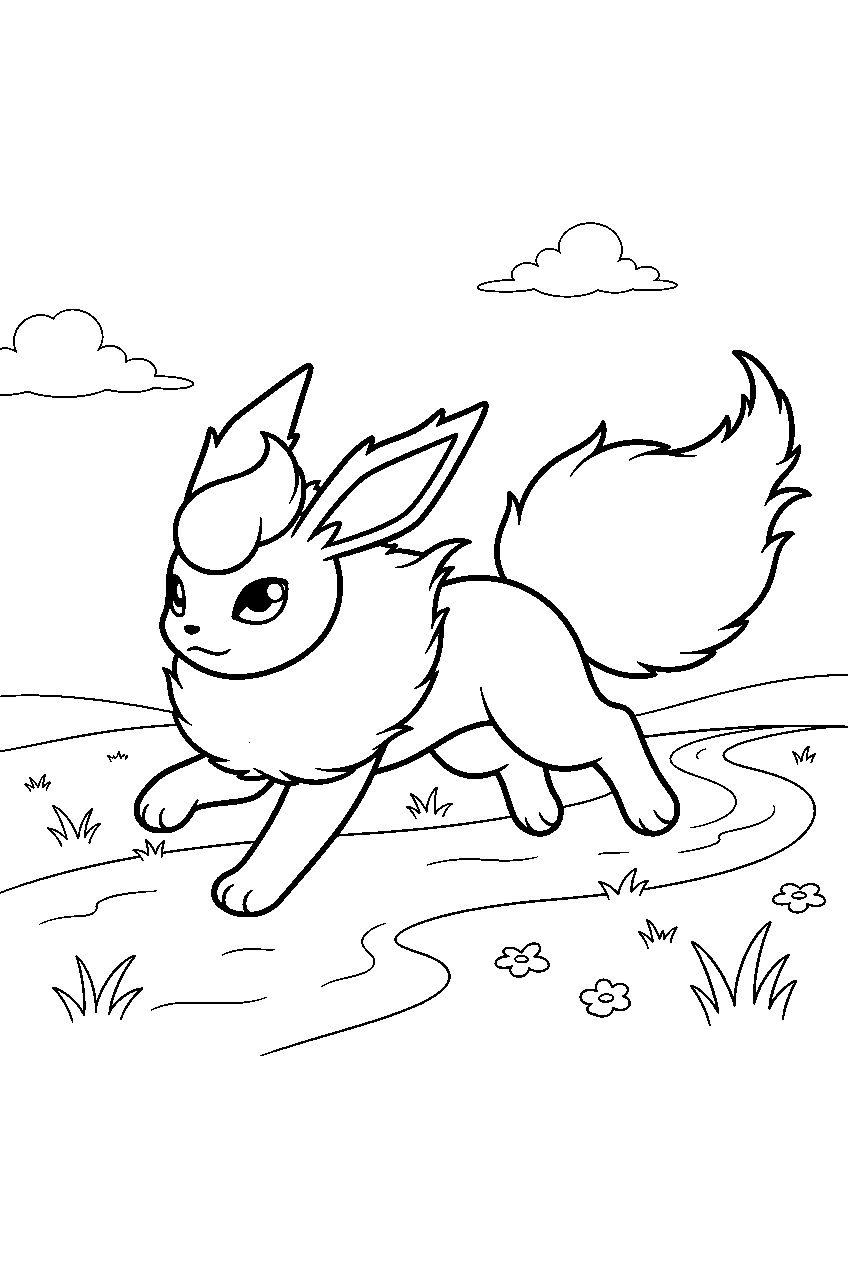 flareon across a grassy field running at full speed line art