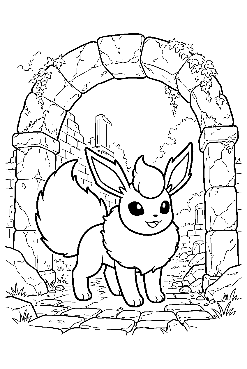 flareon among ancient ruins exploring a stone archway line art