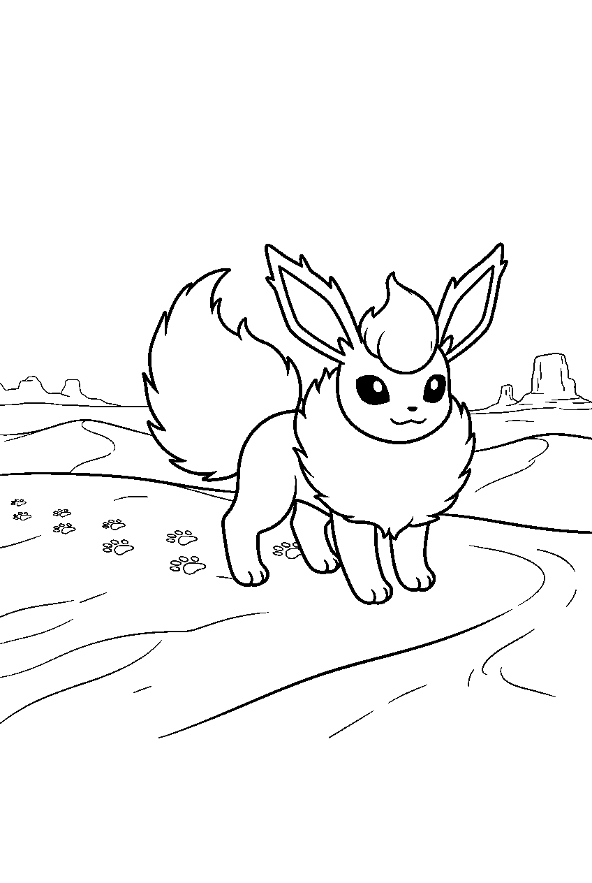 flareon among desert dunes leaving paw prints line art