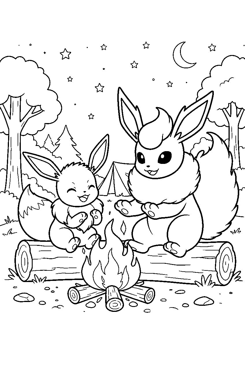 flareon and eevee at a woodland campsite warming beside the fire line art