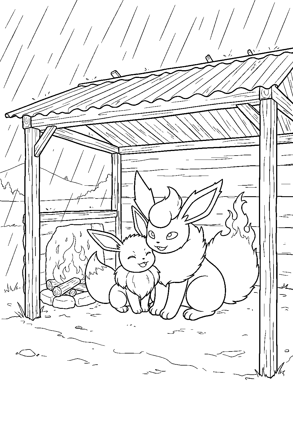 flareon and eevee beneath a storm shelter keeping warm line art