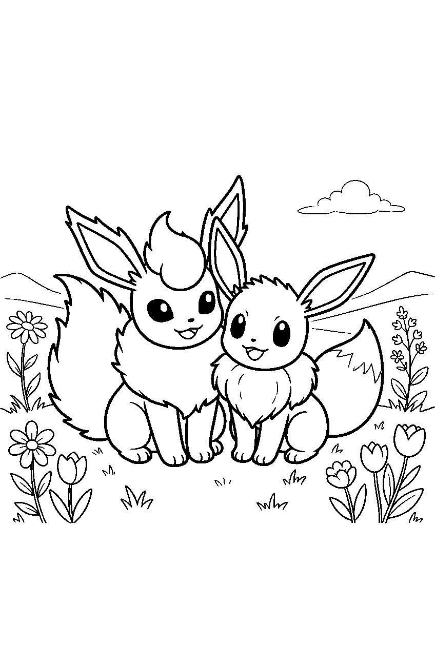flareon and eevee in a flower meadow posing together line art