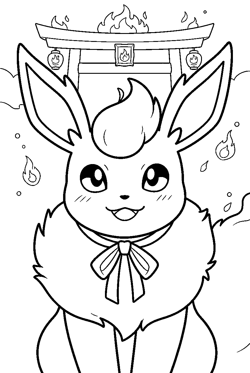 flareon at a fire festival wearing a simple ribbon line art