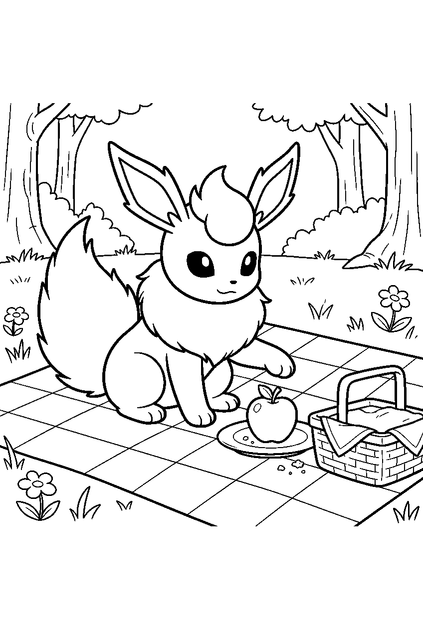 flareon at a picnic clearing reaching for an apple line art