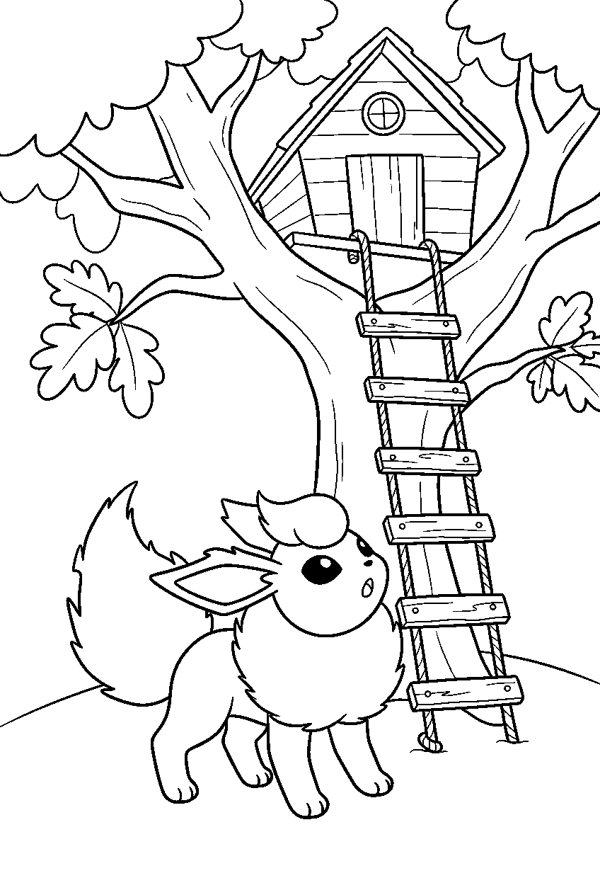 flareon below a treehouse looking up at the ladder line art