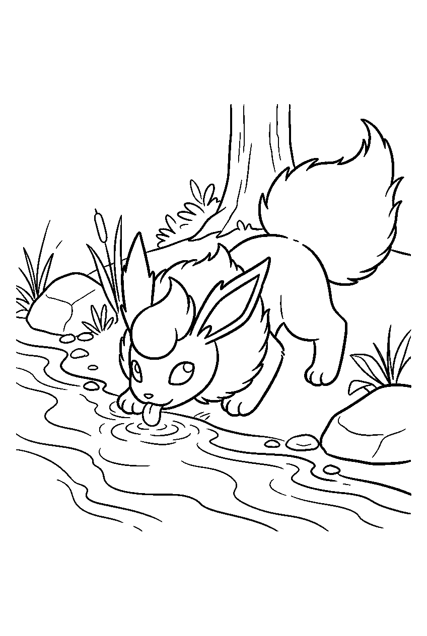 flareon beside a forest stream drinking water line art