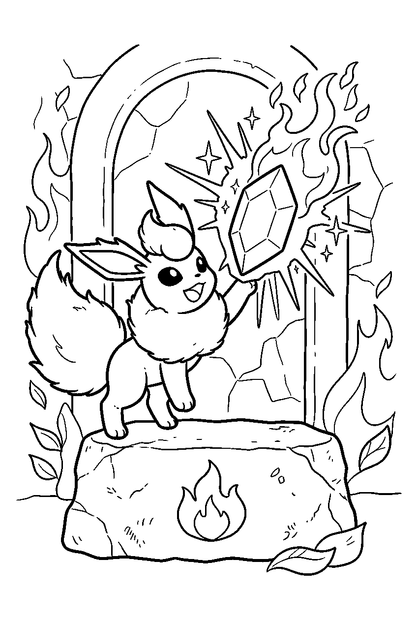 flareon evolution scene at a fire stone shrine touching the glowing stone line art