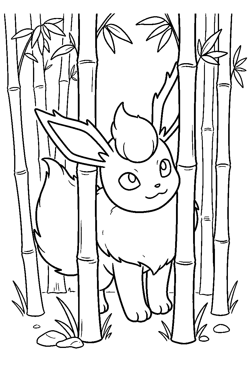 flareon in a bamboo forest peeking through tall stalks line art