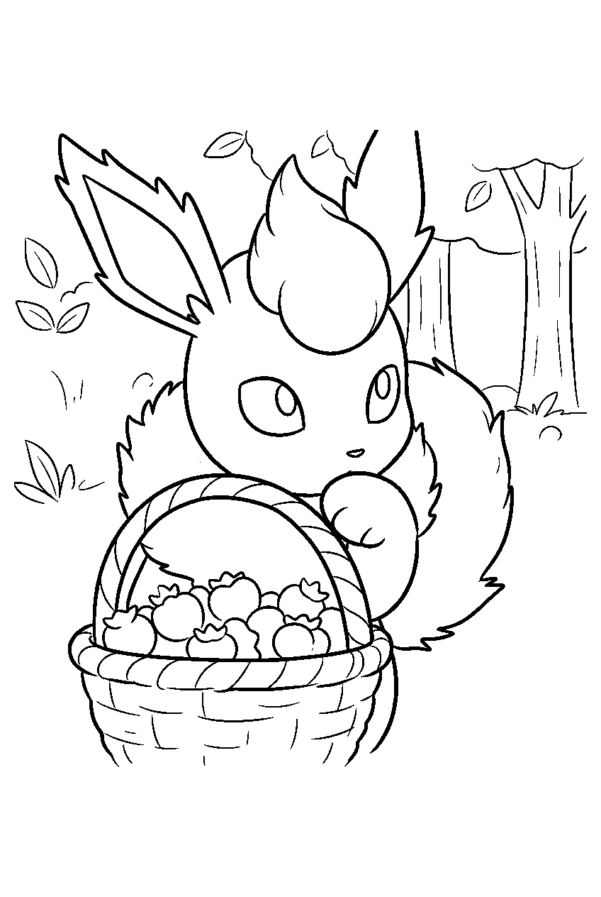 flareon in a berry orchard sniffing a basket of berries line art