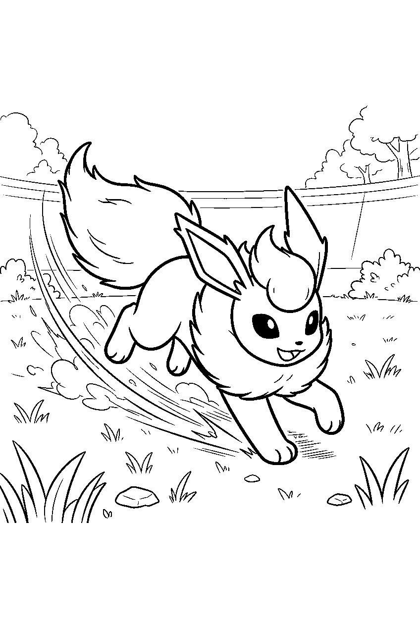 flareon in a grassy arena using quick attack line art