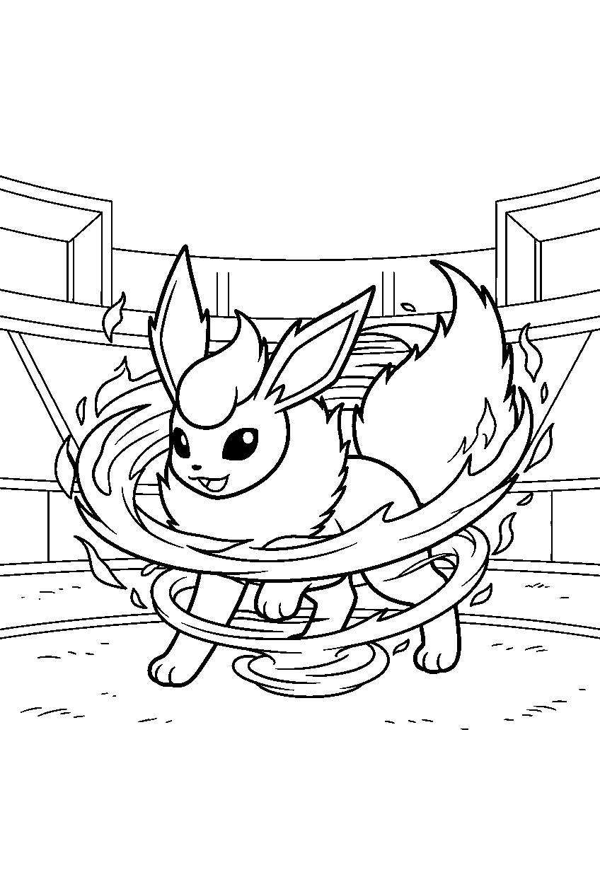 flareon in a pokemon stadium creating a fire spin line art
