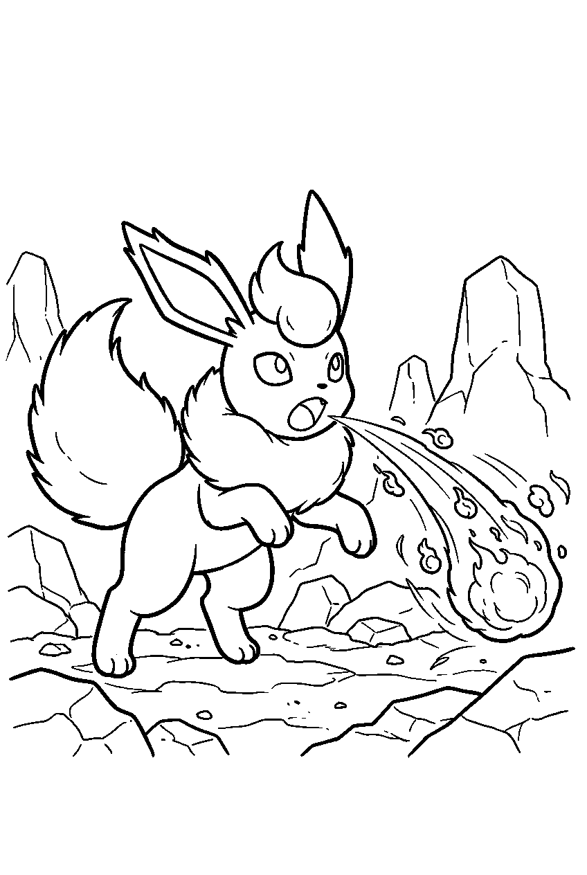 flareon in a rocky battlefield launching an ember attack line art