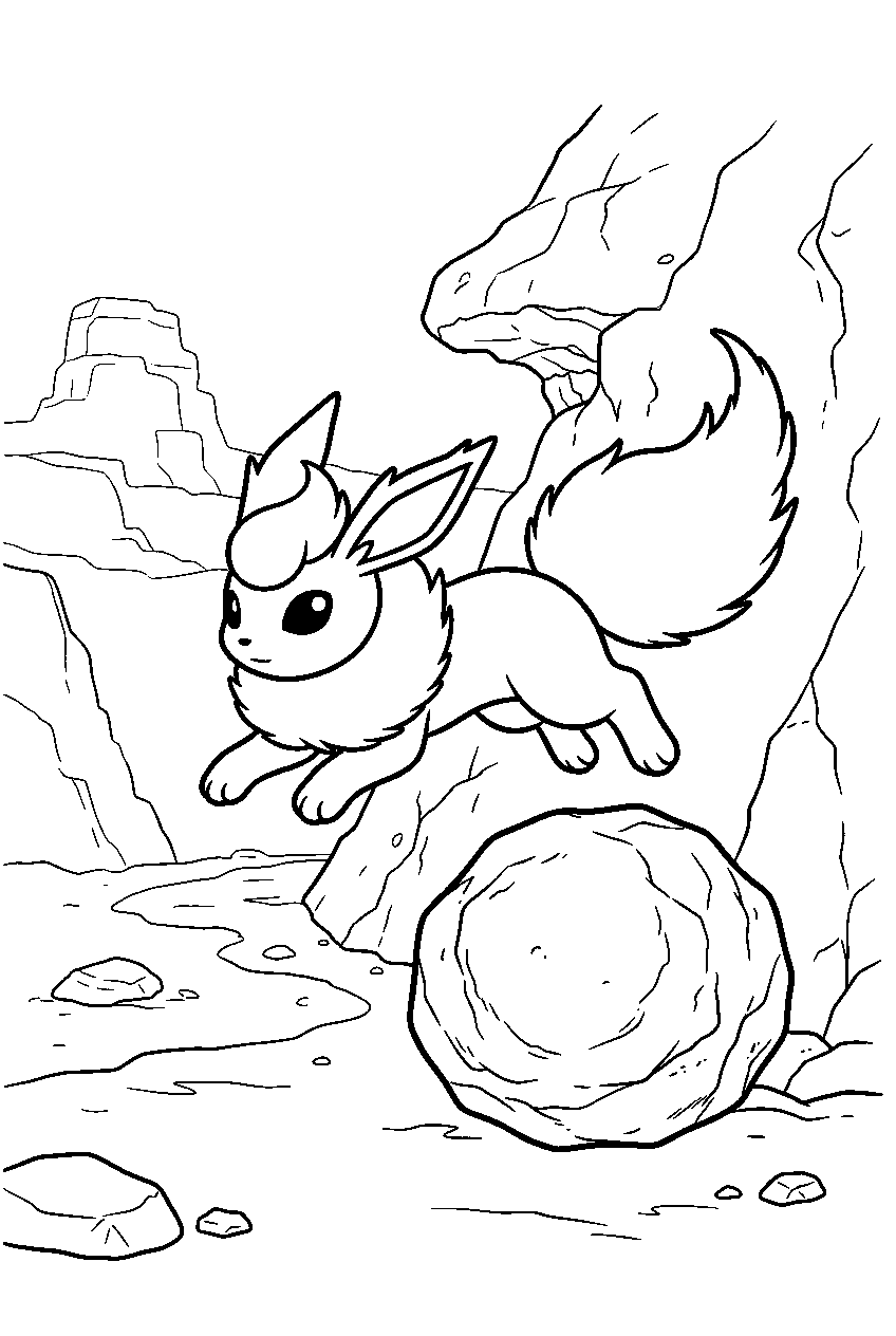 flareon in a rocky canyon leaping over a boulder line art