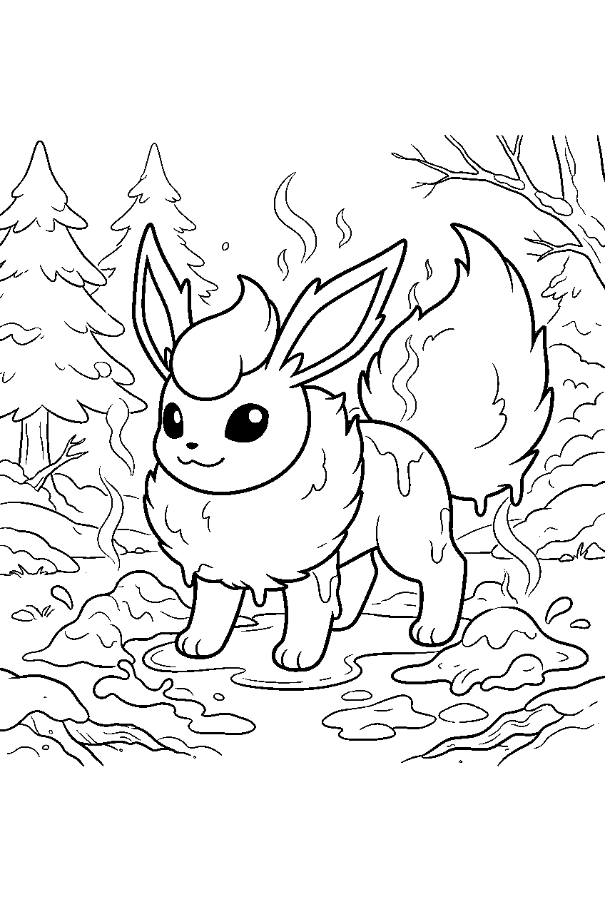 flareon in a snowy forest melting snow with its heat line art