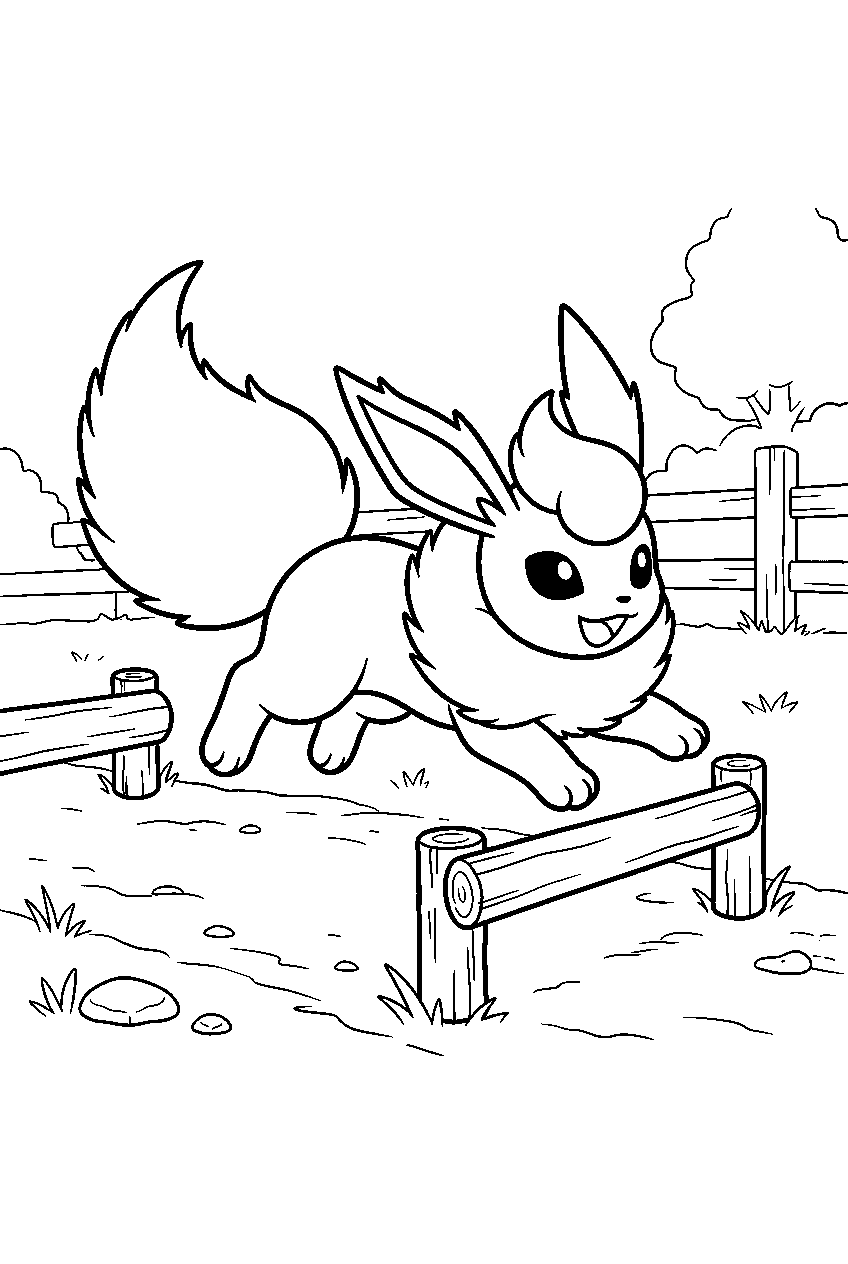 flareon in a training yard dodging wooden obstacles line art