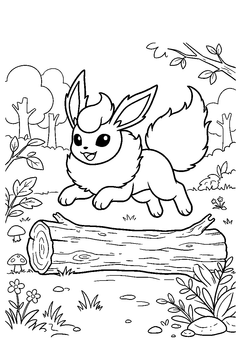 flareon in a woodland playground jumping over a log line art