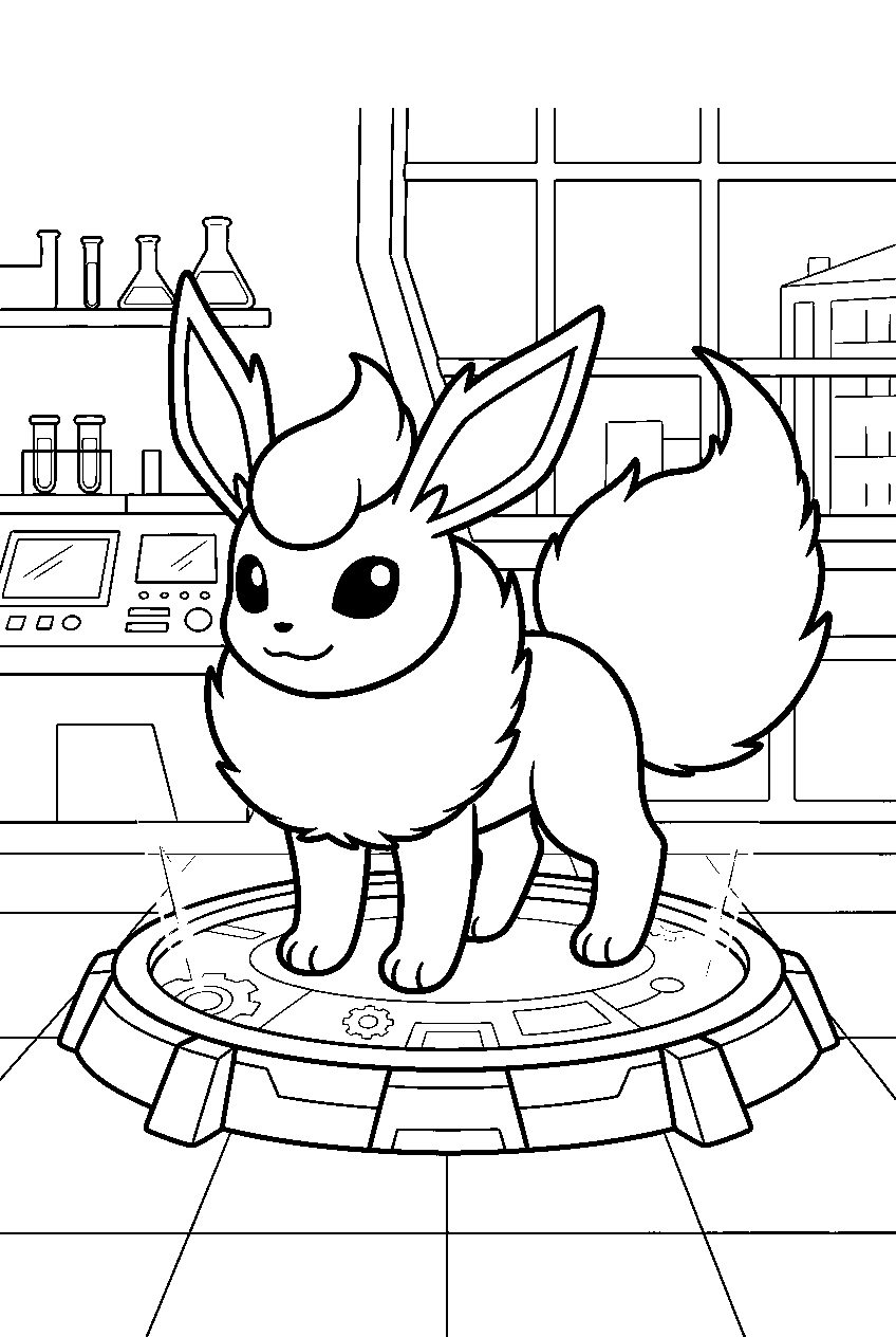 flareon inside a pokemon laboratory standing on an evolution platform line art
