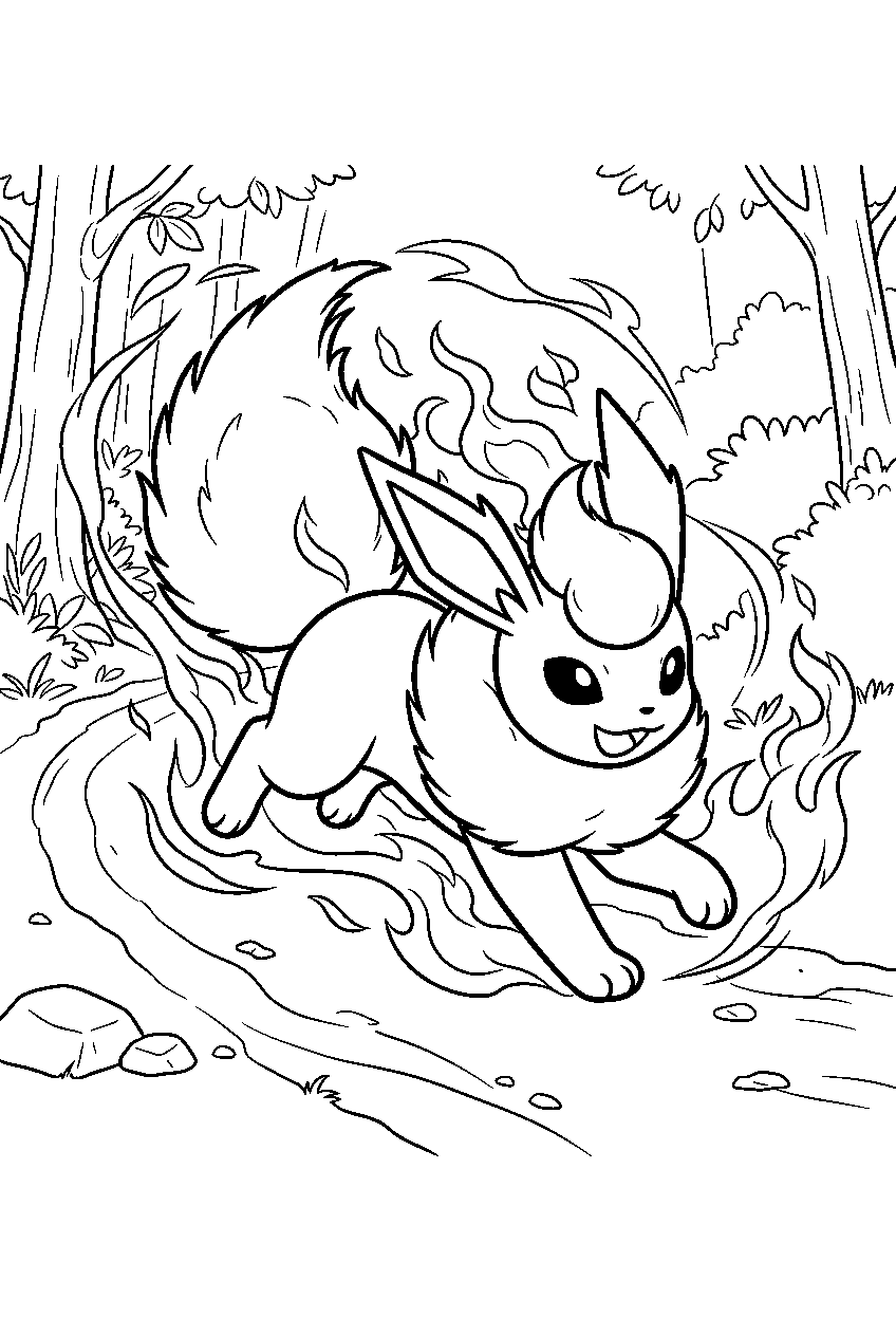 flareon on a forest trail charging forward with flame charge line art