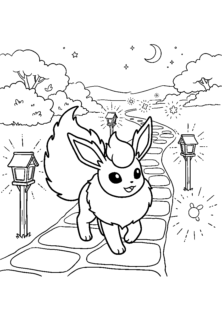 flareon on a lantern lit path following glowing lights line art
