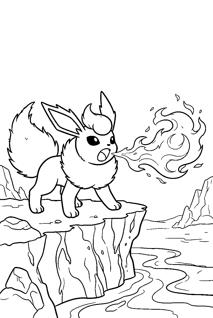 flareon on a lava cliff using flamethrower line art