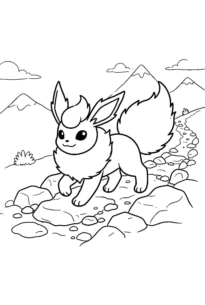 flareon on a mountain trail walking over rocks line art