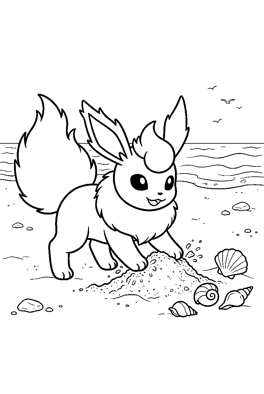 flareon on a sandy beach digging beside seashells line art