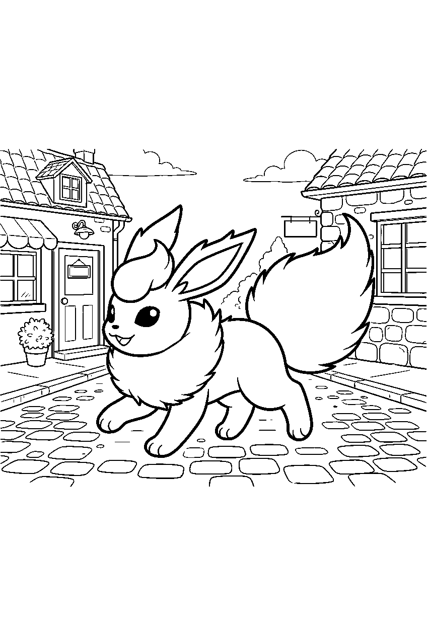 flareon on a village street trotting past small shops line art