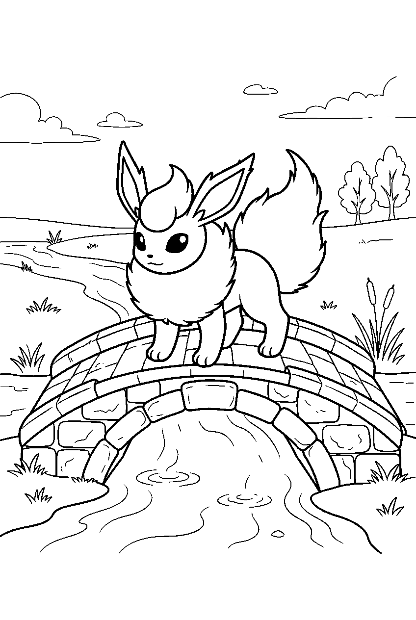 flareon on an old stone bridge crossing a river line art