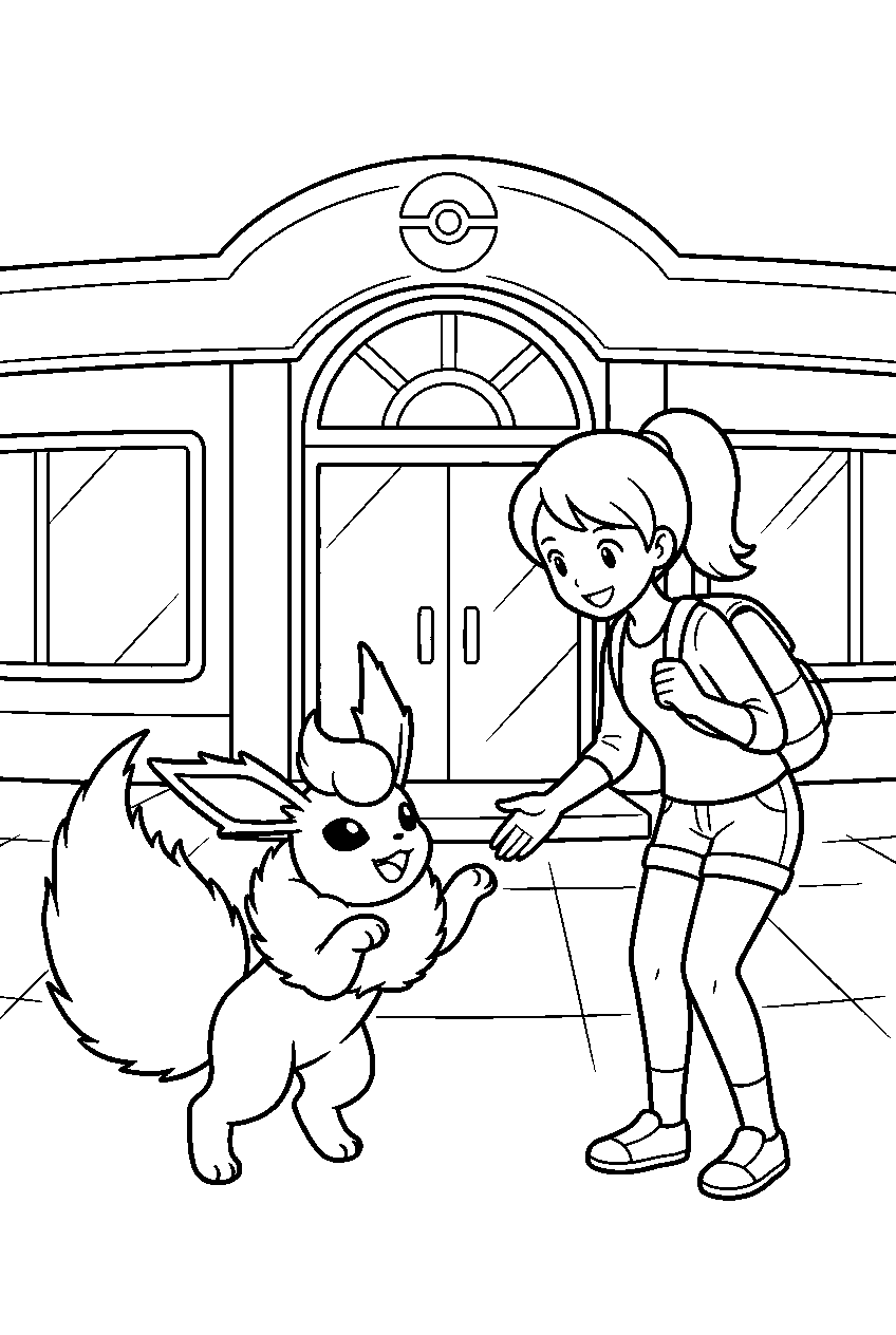 flareon outside a pokemon center greeting its trainer line art