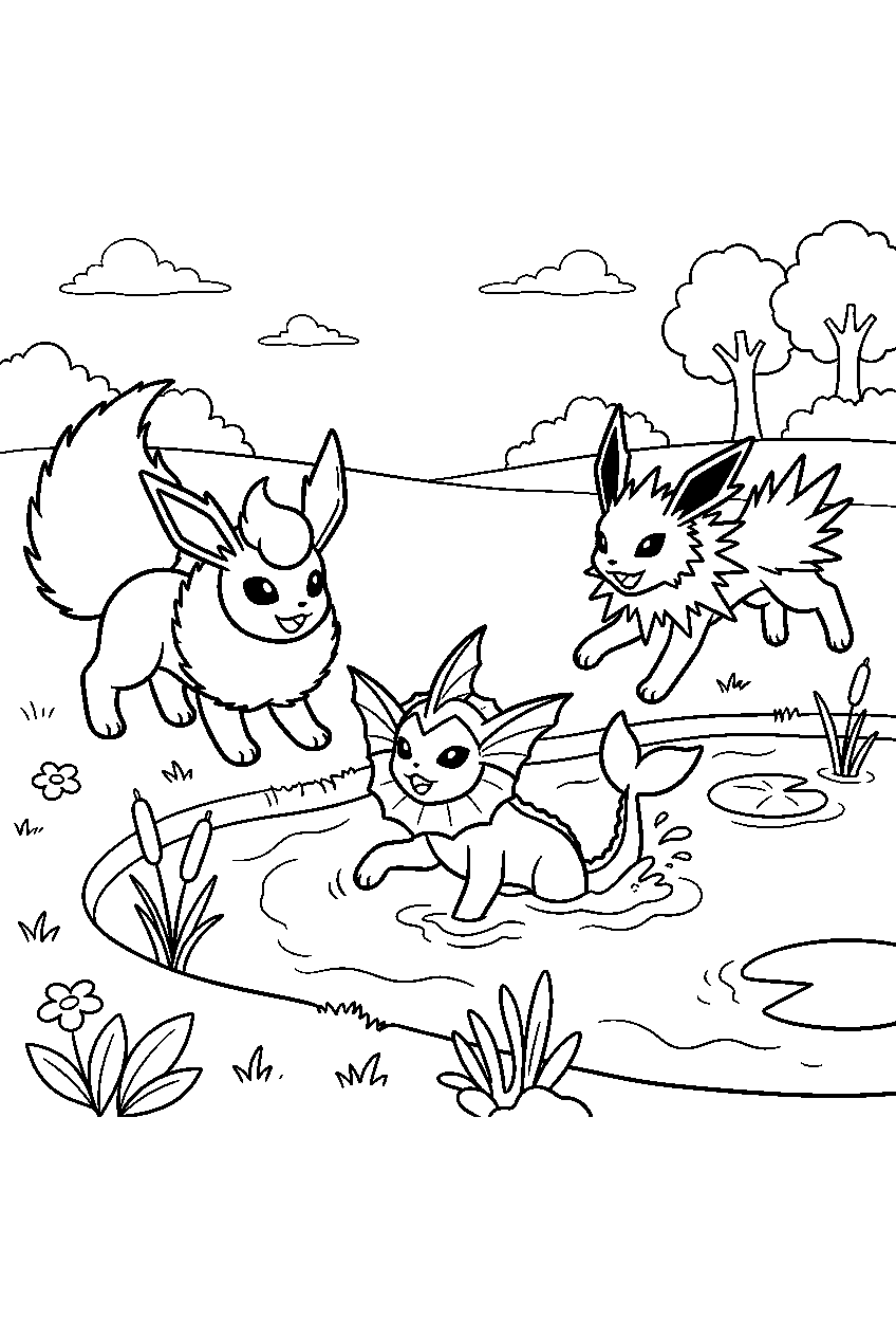 flareon with vaporeon and jolteon playing beside a pond line art