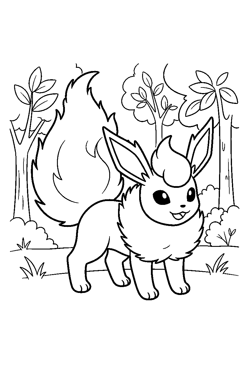 fluffy flareon in a forest clearing raising its large tail line art