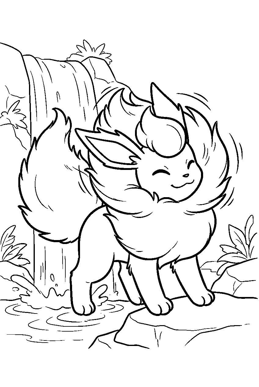 fluffy flareon near a waterfall shaking its mane line art