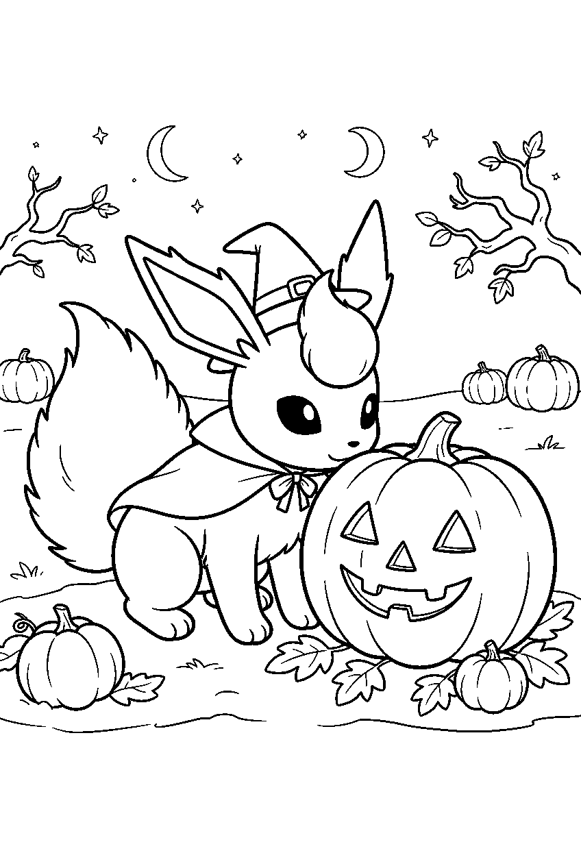 halloween flareon in a pumpkin patch sniffing a large pumpkin line art