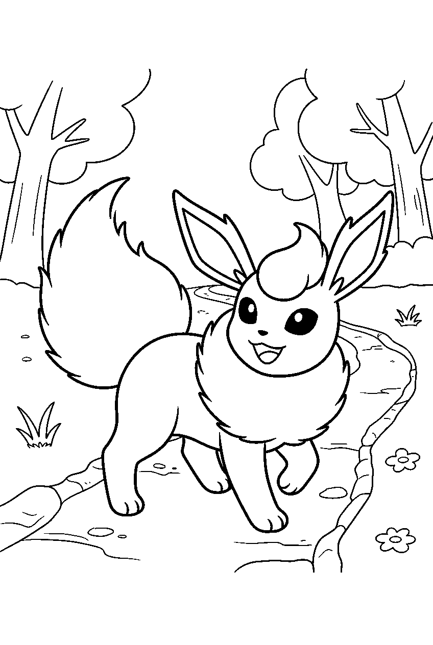 happy flareon along a woodland path looking back playfully line art