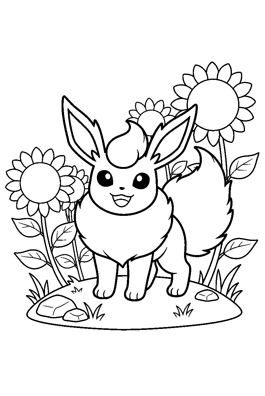 happy flareon in a sunflower field smiling with perked ears line art