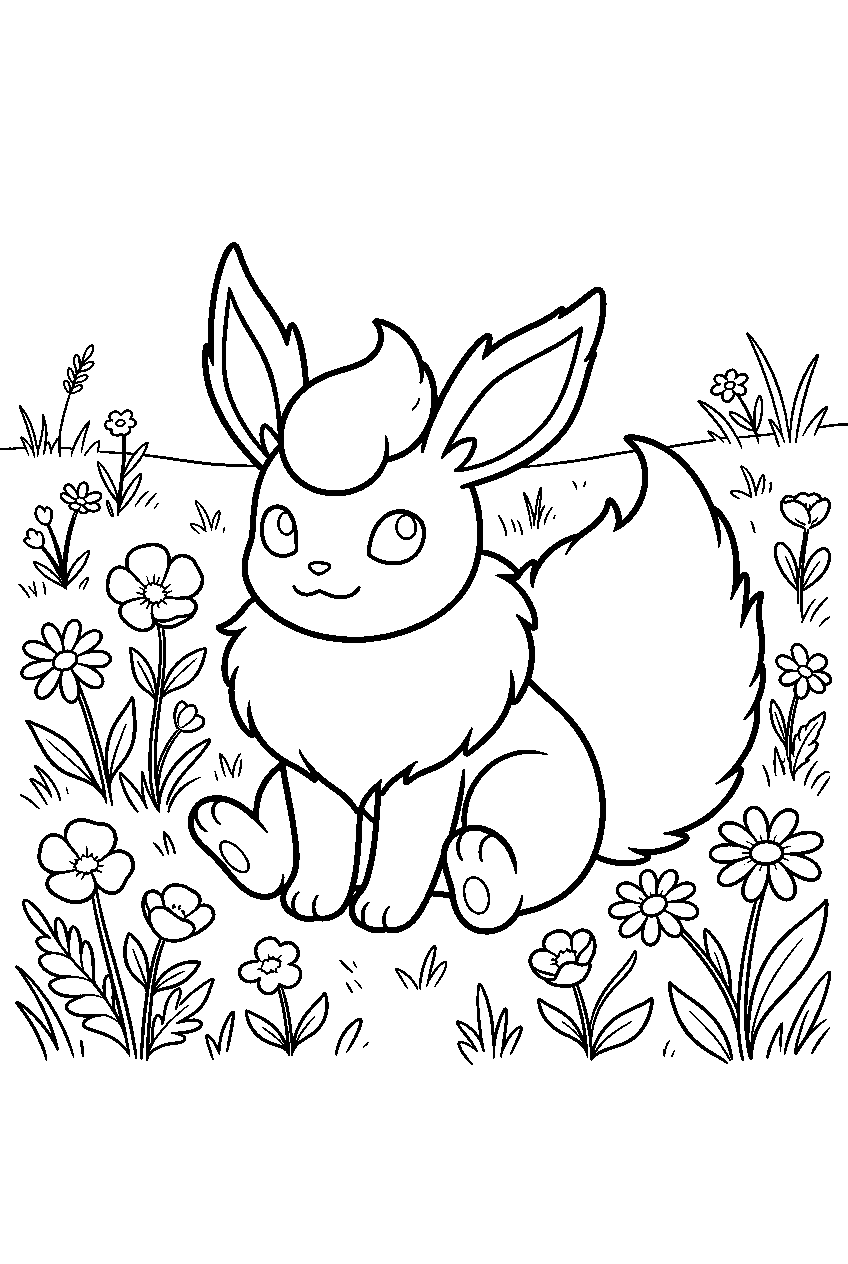 kawaii flareon in a flower meadow sitting among wildflowers line art