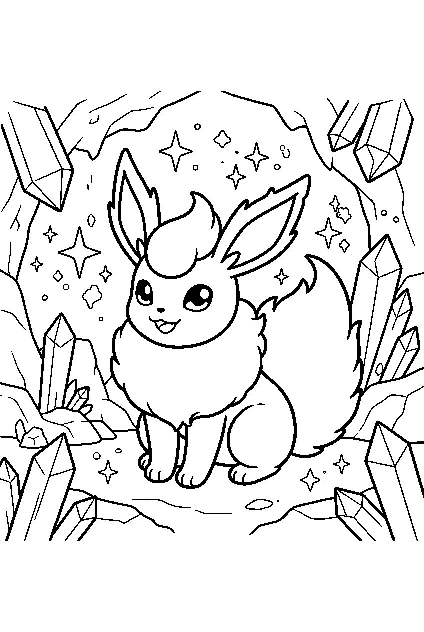 shiny flareon inside a crystal cave surrounded by sparkles line art