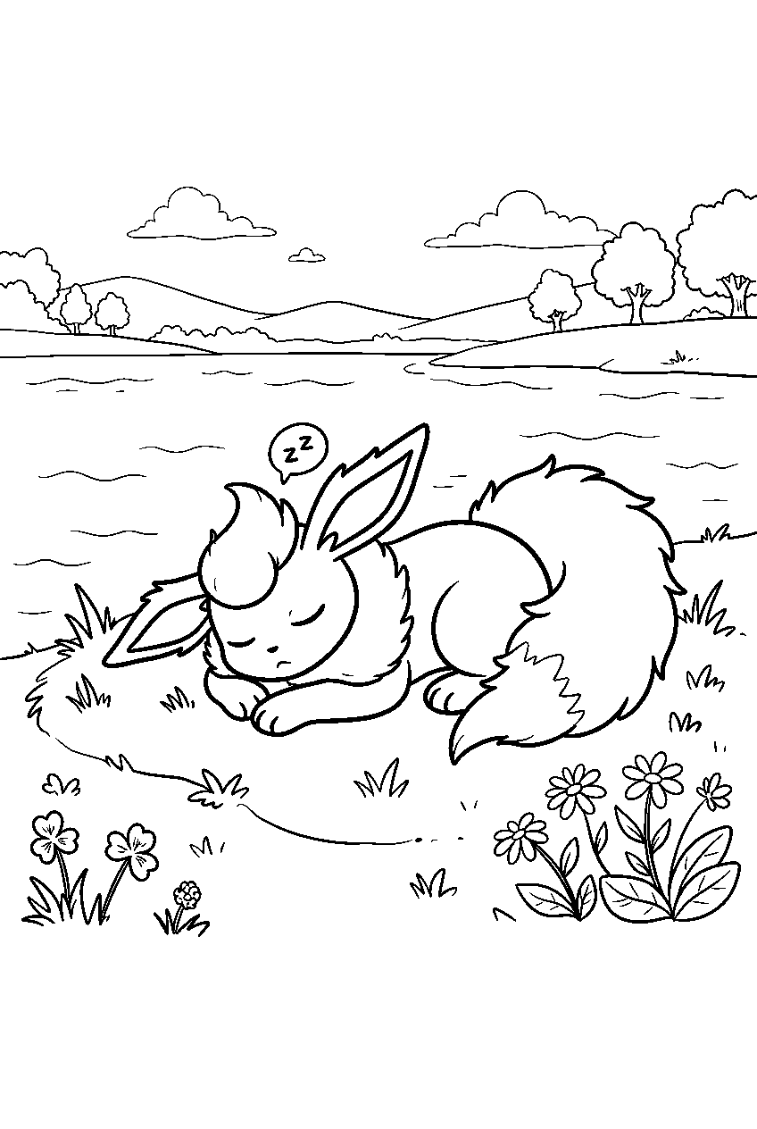 sleeping flareon beside a quiet lake resting on the grass line art