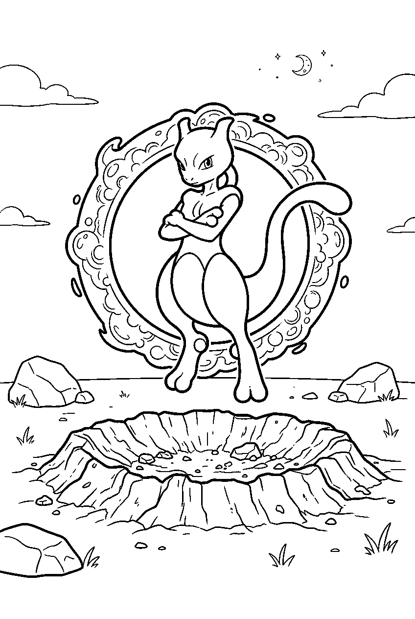 mewtwo above a meteor crater hovering inside a ring of psychic energy line art