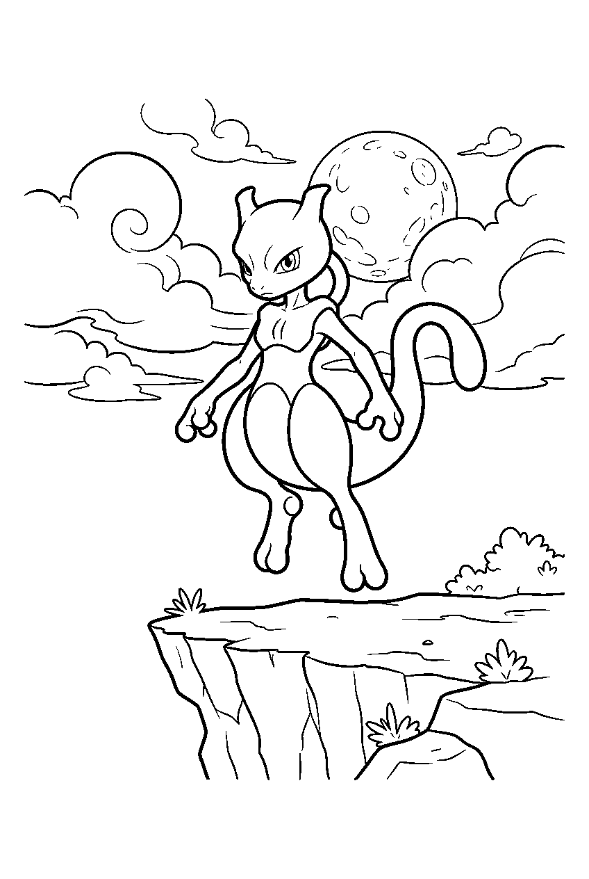 mewtwo above a moonlit cliff floating beneath swirling clouds line art