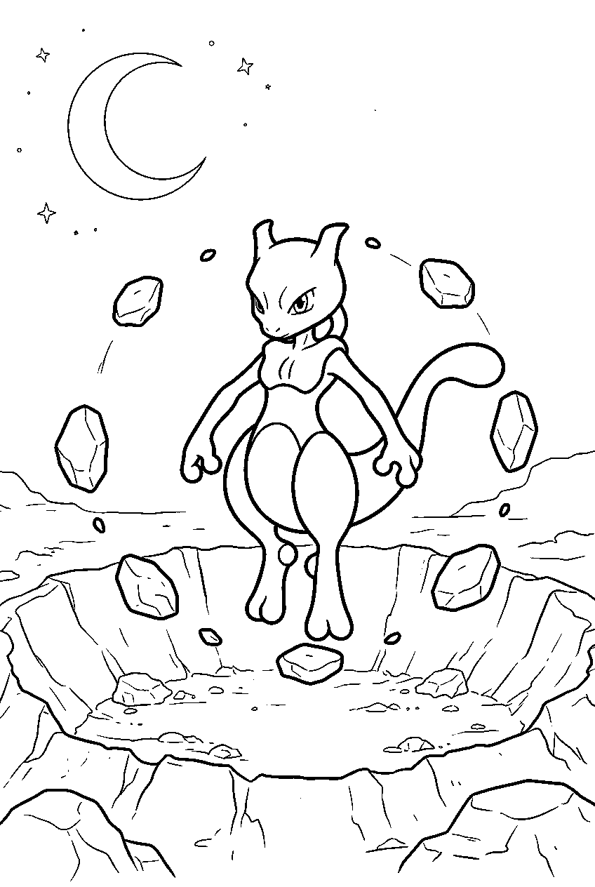 mewtwo above a moonlit crater standing inside a circle of floating stones line art