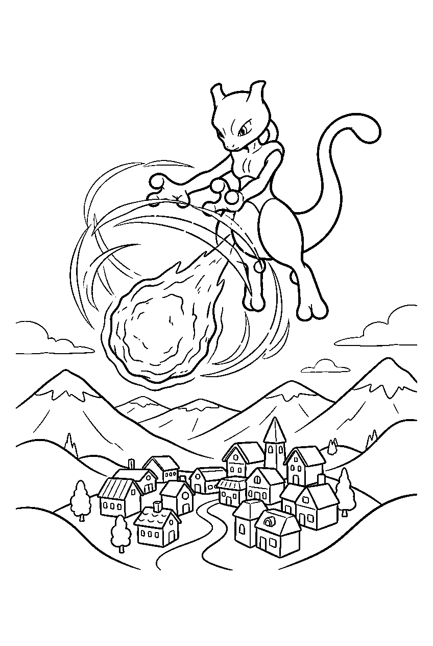 mewtwo above a mountain town stopping a falling meteor with psychic power line art