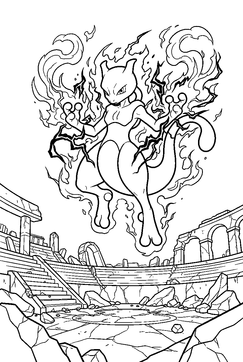 mewtwo above a ruined stadium unleashing shadow energy in shadow mewtwo form line art