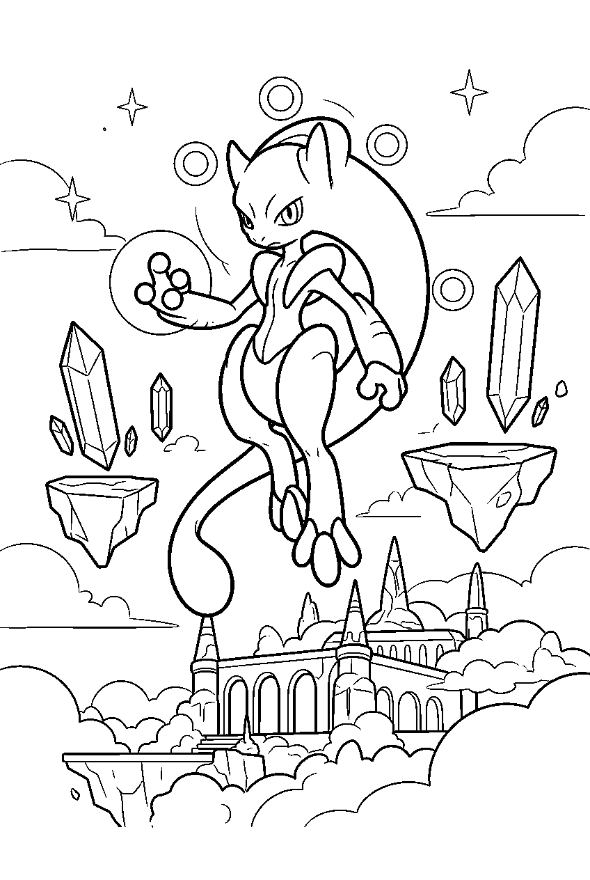 mewtwo above a sky temple levitating crystal pillars as mega mewtwo y line art