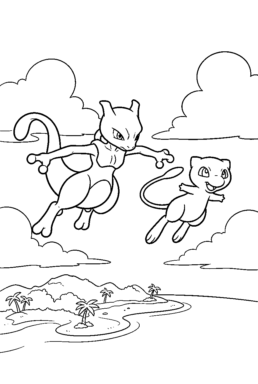 mewtwo above a tropical island racing mew through the clouds line art