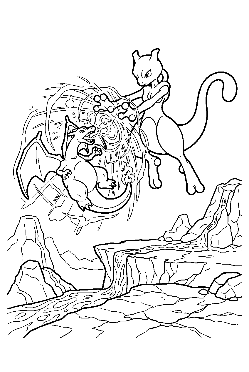 mewtwo above a volcanic arena stopping charizard with a psychic wave line art