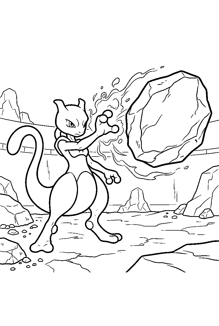 mewtwo across a rocky arena hurling a giant boulder with psychic power line art